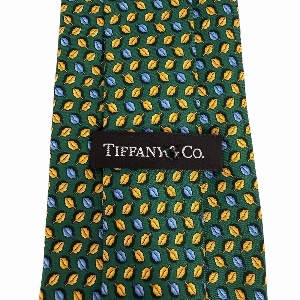 Tiffany & Co. Mens Tie Autumn Fall Leaves Green/Yellow/Blue Silk 3.75" x 58" euc
